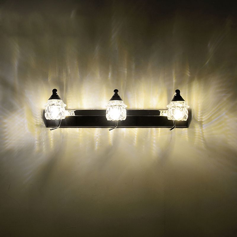 Miroir de vanité de champignons moderne Crystal clair Crystal 3 lumières Lampe murale de salle de bain avec bras incurvé en argent, lumière chaude / blanche