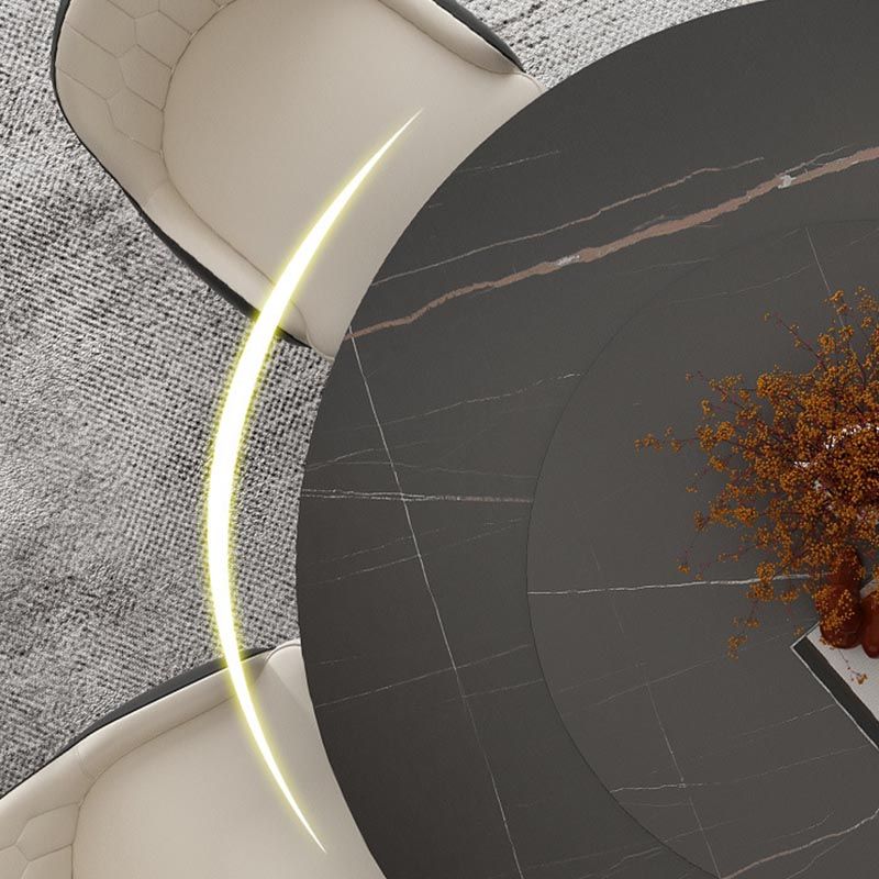 Black Double Pedestal Table Modern Round Stone and Metal Dining Room Table