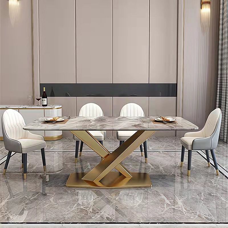 Modern Sintered Stone Rectangle Dining Room Table with Microfiber Leather Chairs for Home