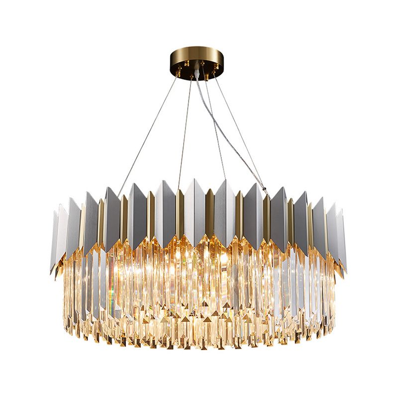 Contemporary Round Ceiling Pendant 8 Heads Clear Crystal Prisms Chandelier Light Fixture in Gold