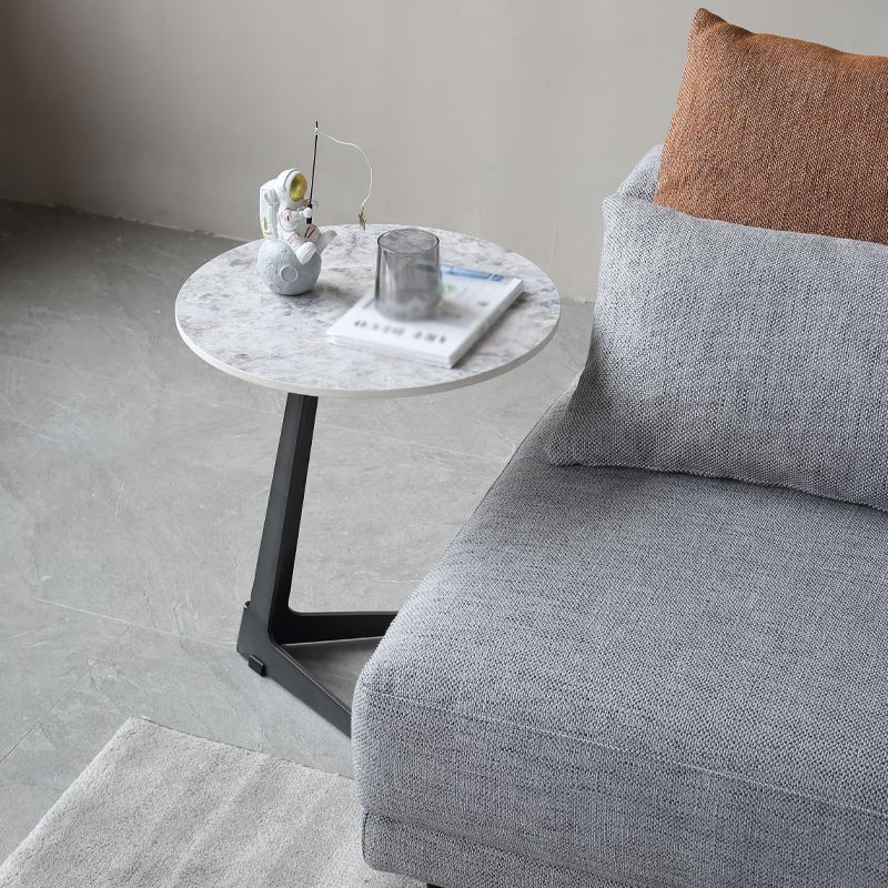 1 Single Round Pedestal Slate Coffee Table for Living Room with Steel Legs