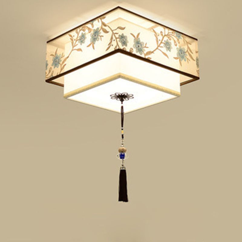 Geometric LED Ceiling Light in Traditional Classic Style Wrought Iron Flush Mount with Embroidered Fabric Shade