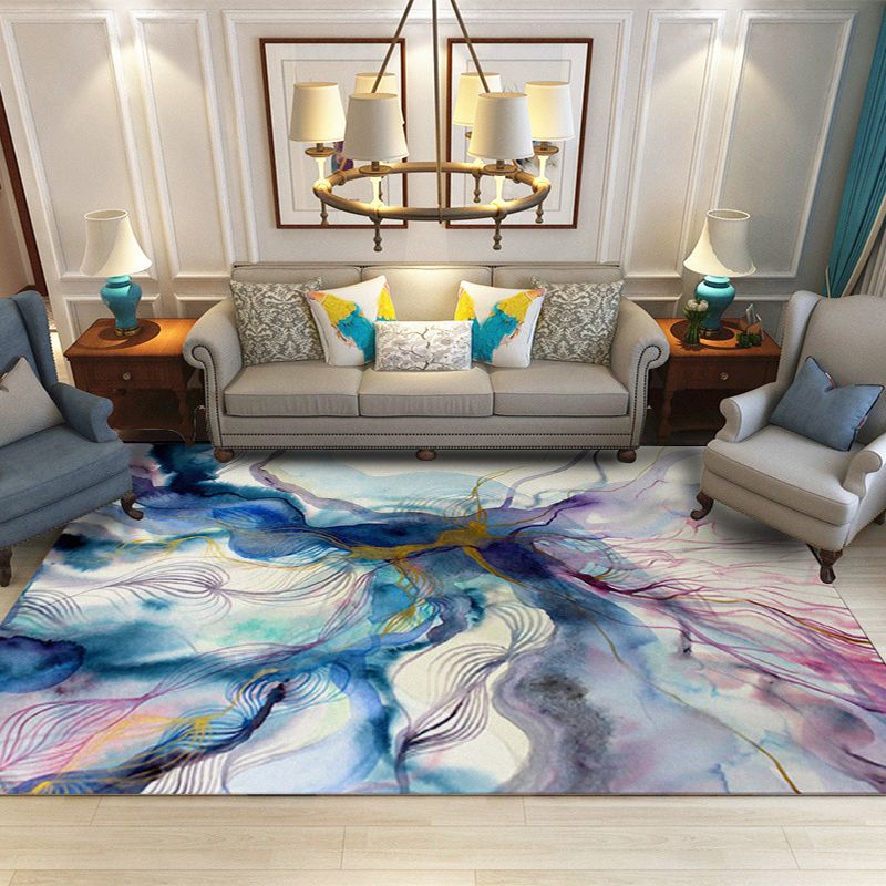 Tapis décoratif abstrait aquarelle violet et bleu, moderne, en polypropylène, lavable, résistant aux taches, avec envers antidérapant pour la maison