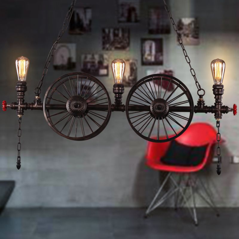 Wagon Wheel Metallic Pendant Light Antique 3 Heads Restaurant Hanging Island Light with Decorative Valve