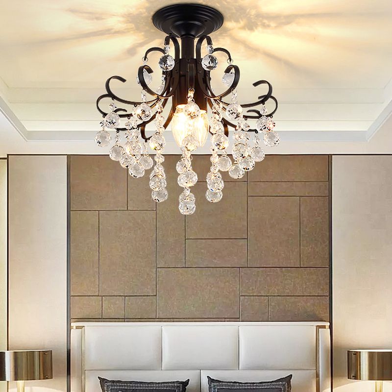 3 Bulbs Ceiling Lighting Vintage Swirl Metal Semi Flush Mounted Light with Crystal Orbs