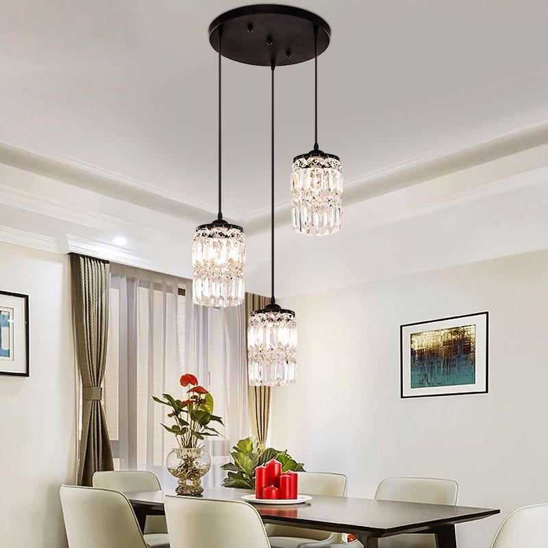 Cylinder Crystal Block Hanging Light Contemporary 3 Lights Black Cluster Pendant Light with Round/Linear Canopy