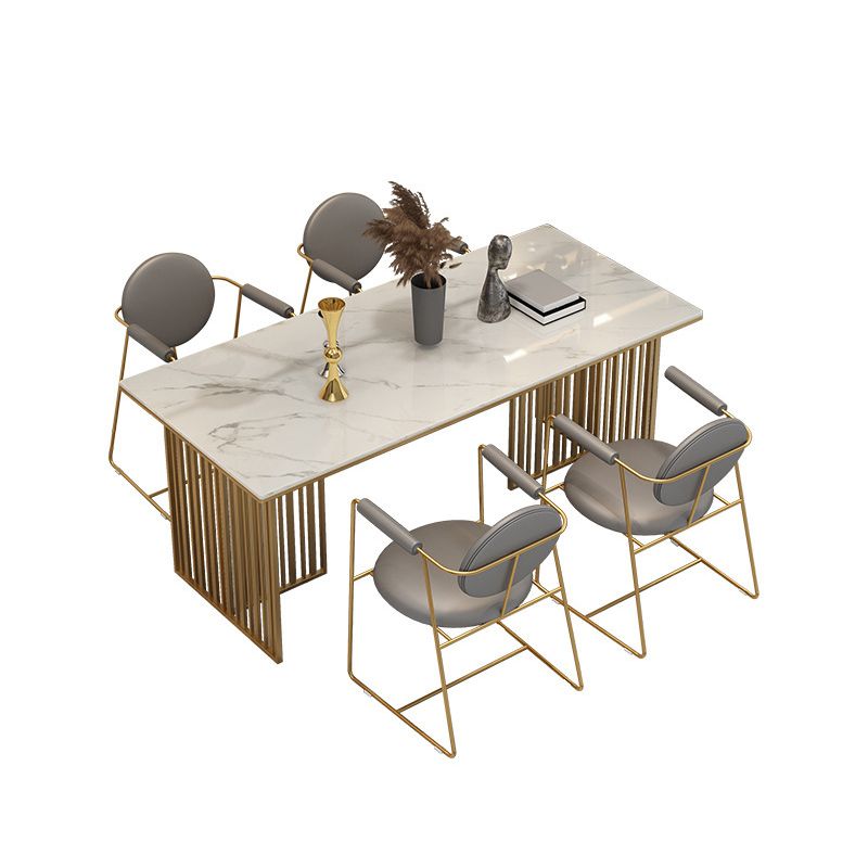 Stone Top Dining Table Contemporary Rectangle Table with Double Pedestal Base