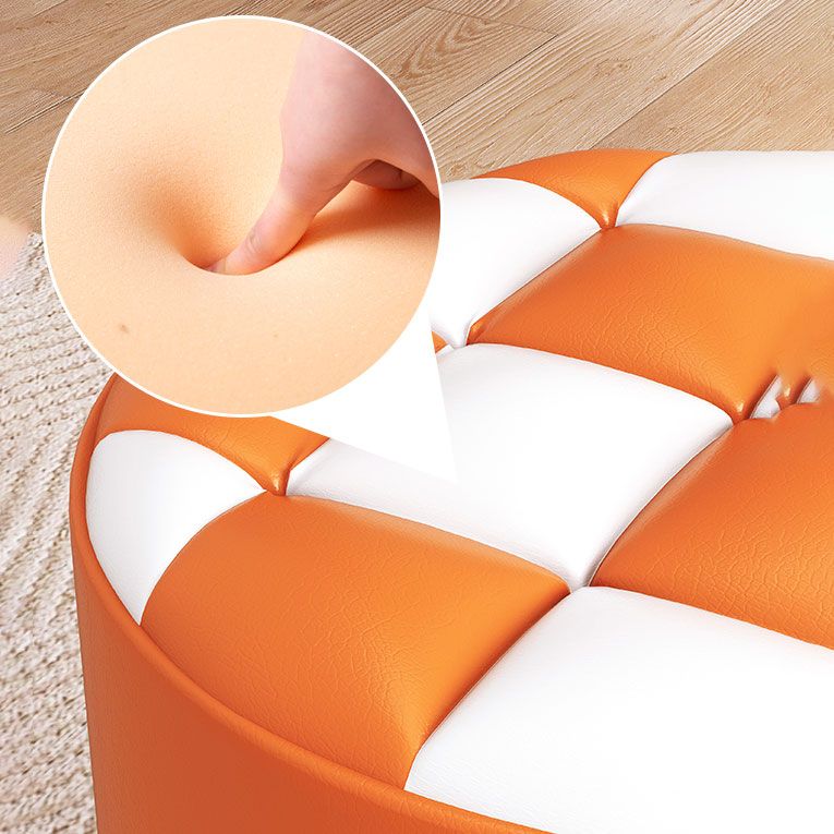 Mid-Century Modern Pouf Ottoman Faux Leather Tufted Square Pattern Round Ottoman