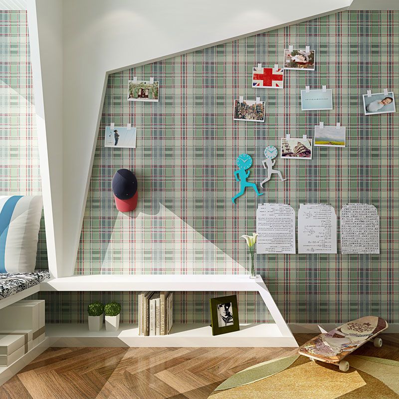 Green Grid Wallpaper Roll Moisture-Resistant Wall Covering for Bathroom Decor, Non-Pasted