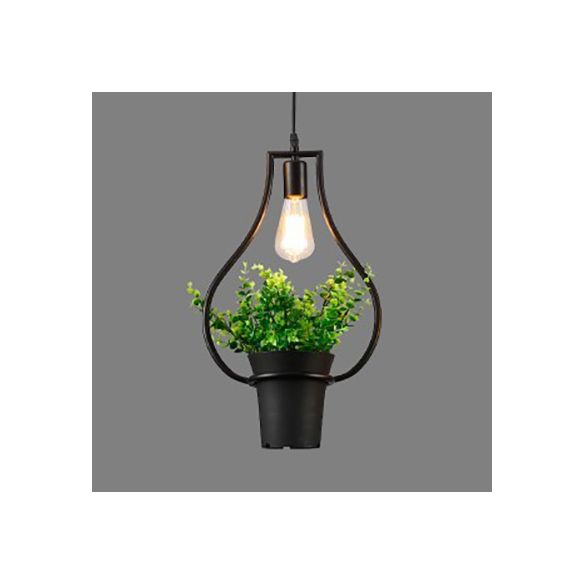 1 Light Planter and Frame Hanging Light Industrial Style Black Finish Metal Pendant Lamp for Balcony