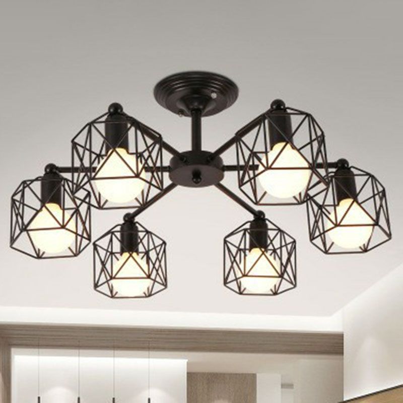 Iron Hexagonal Cage Suspension Light Simplicity Clothes Shop Chandelier Light in Black