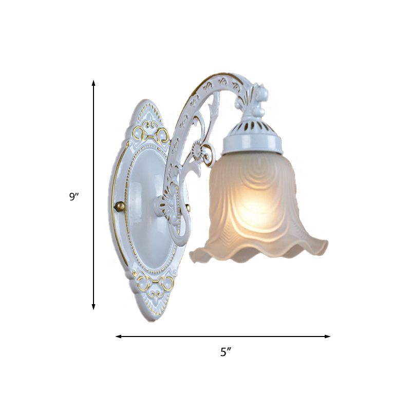 Flower Bedroom Wall Light Fixture Traditional Frosted Glass 1 Light White Wall Lamp with Metal Curvy Arm