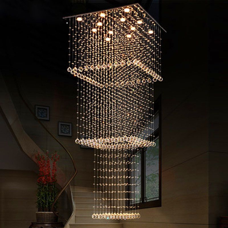 Silver 13-Head LED Hanging Light Modernism Crystal Square Multi Pendant Light Fixture