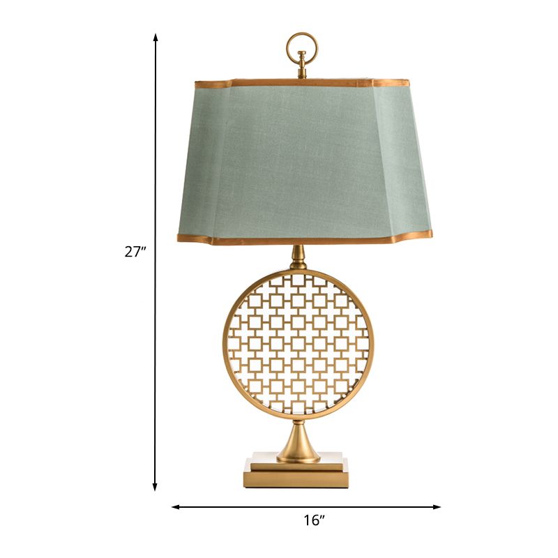 Chinese Style 1 Head Night Light Gold Drum Shape LED Desk Lamp with Green Fabric Shade
