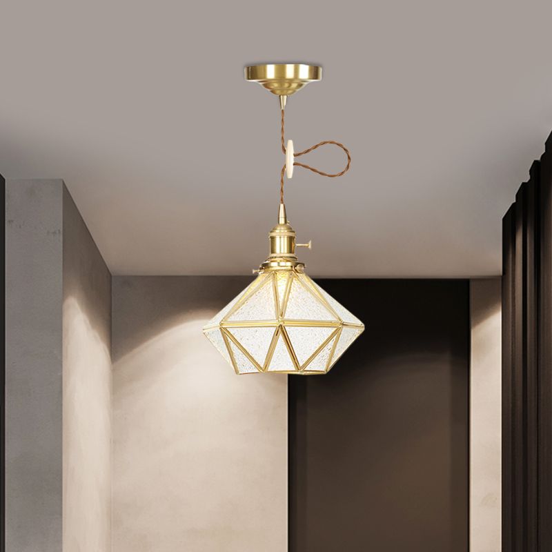 1 Head Pendant Light Traditional Bedside Suspension Lamp with Diamond Clear Water Glass Shade in Gold