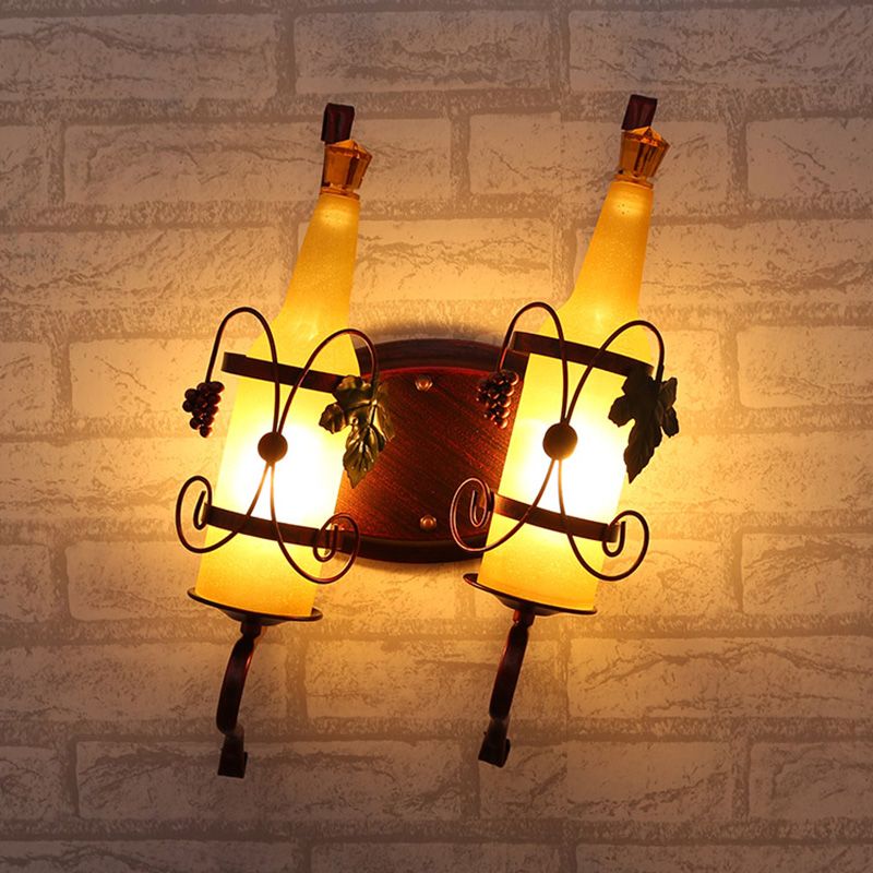 Art Deco Bottle Wall Mount Lighting 2 Bulbs Yellow/Yellow and Green/Red and White Glass Wall Sconce Lamp in Copper with Wine Rack Backplate