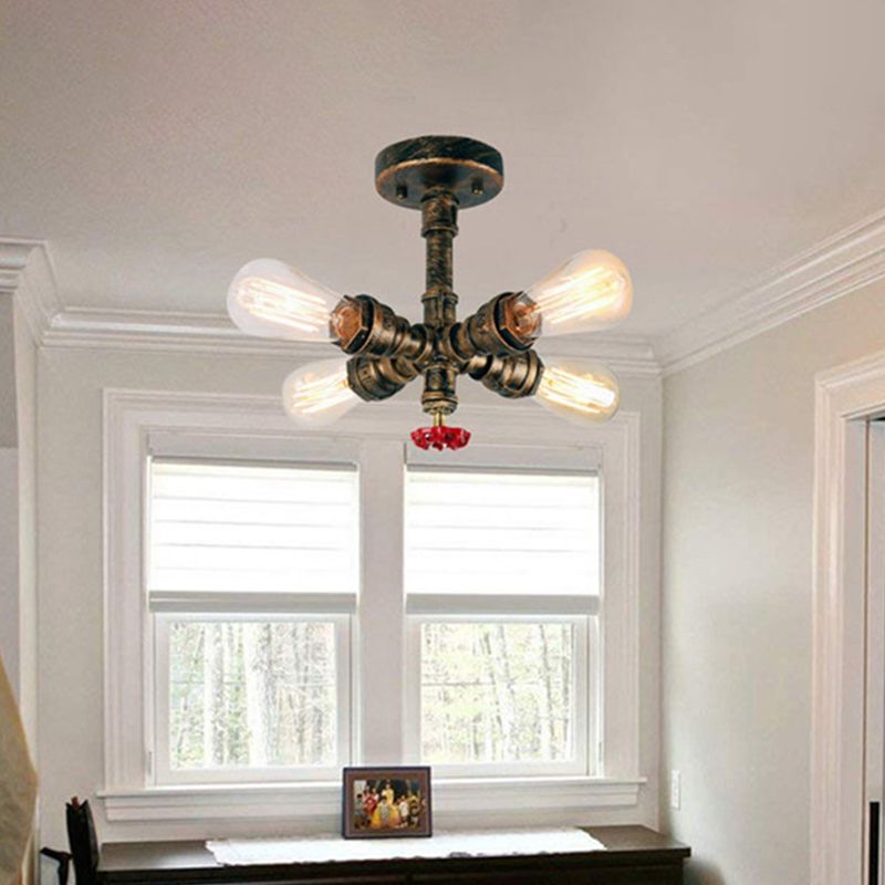 Burst Pipe Foyer Ceiling Mount Light Industrial-Style Iron 4 Lights Bronze Semi Flush Light with Decorative Valve