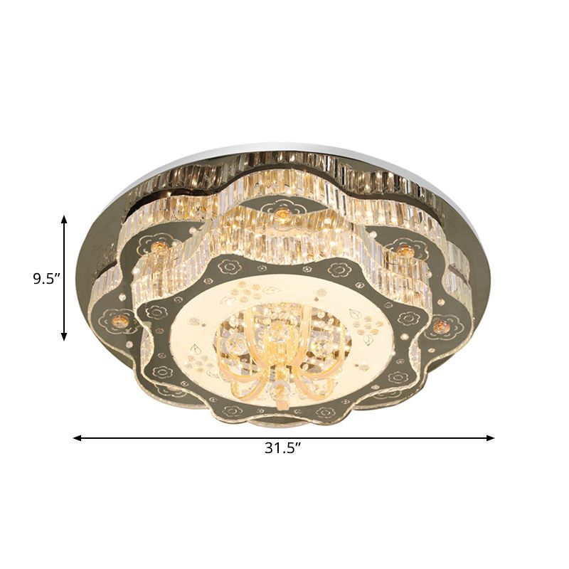 Stainless-Steel LED Flush Ceiling Light Contemporary Clear Crystal Blocks Floral Lighting Fixture