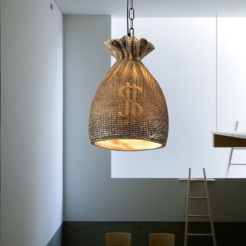 Money Bag Dining Room Hanging Light Kit Vintage Style Resin 1 Light Gold Pendant Lighting