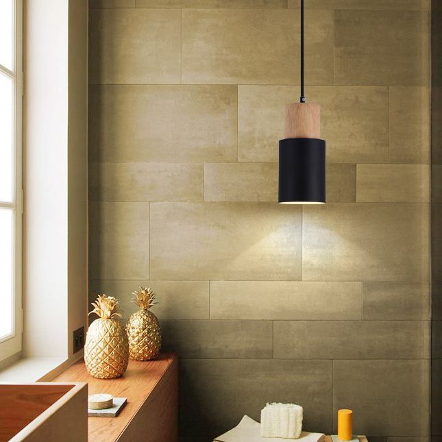 Macaron minimaliste moderne Lampe suspendue en bois de la lampe cylindrique avec une teinte en aluminium