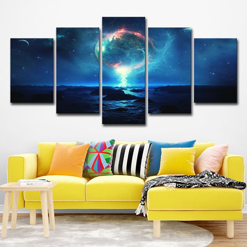 Blue Fictional Canvas Wall Art Earth and Starry Night Sky Wall Decor for Bedroom