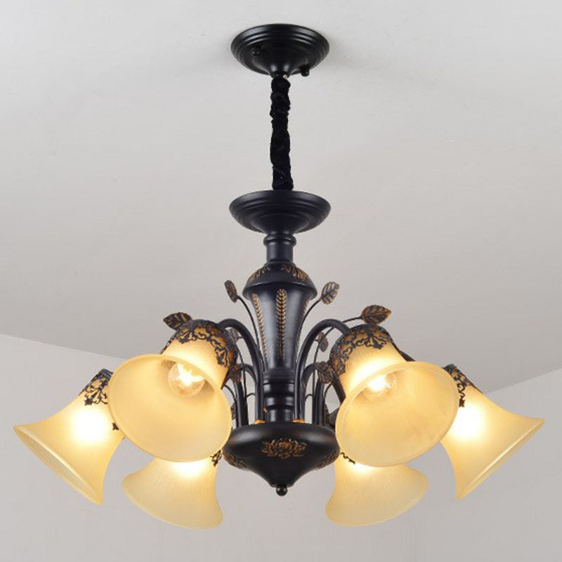 Flared Shade Beige Glass Chandelier Light Classic Living Room Pendant Ceiling Light in Black