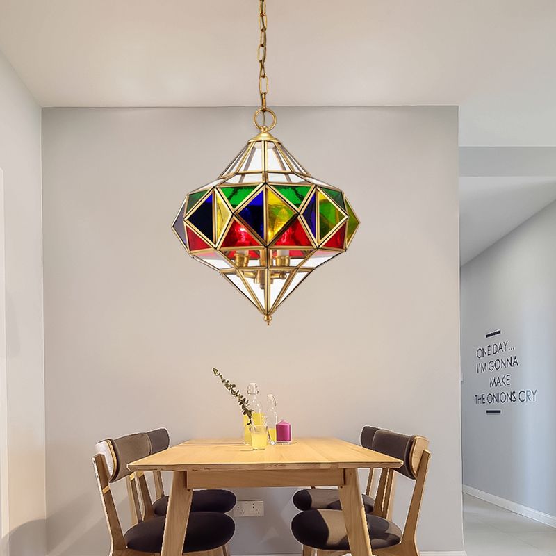 Antique Prism Pendant Chandelier 3-Head Colorful Glass Hanging Ceiling Light in Brass