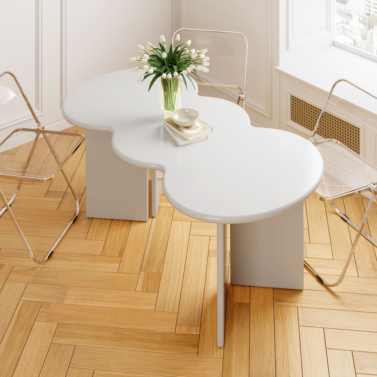 Free Form Solid Wood Dining Table Double Pedestal Furniture in Matte Finish