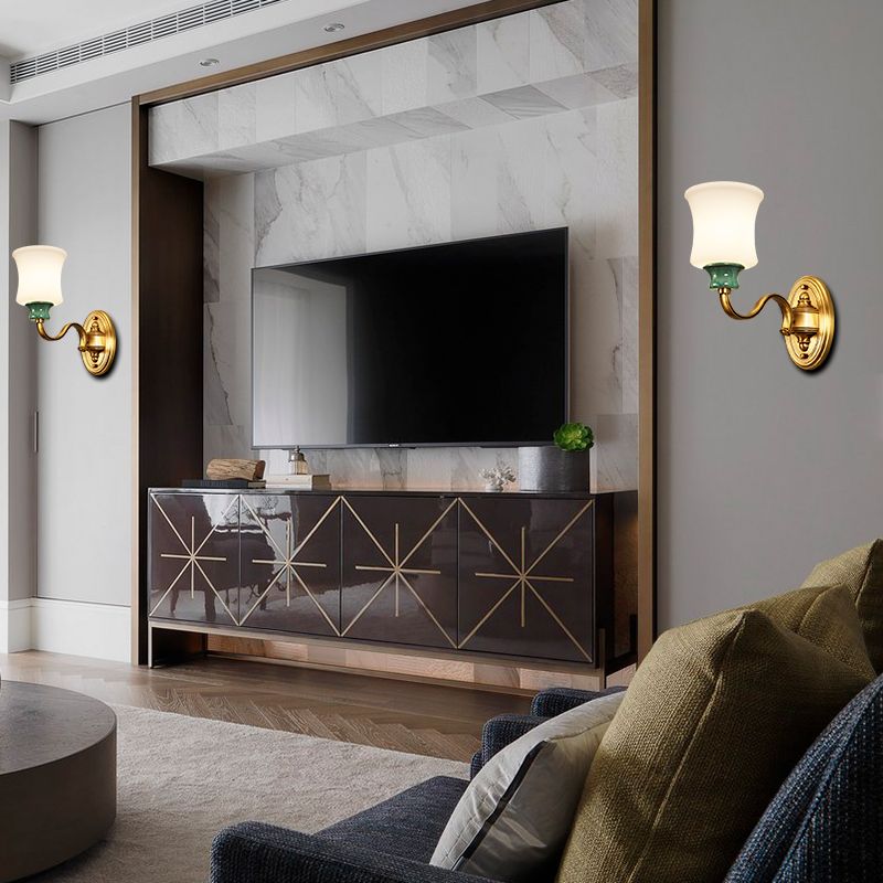 Metal Gold Finish Wall Sconce Bell 1/2-Bulb Vintage Style Wall Light Fixture with Milky Glass Shade