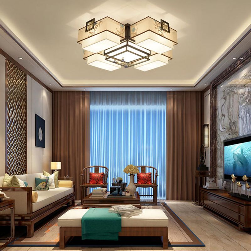 4/5/6 Head Light Fixtures Asia Style Fabric Flush Light for Living Room Dinning Room