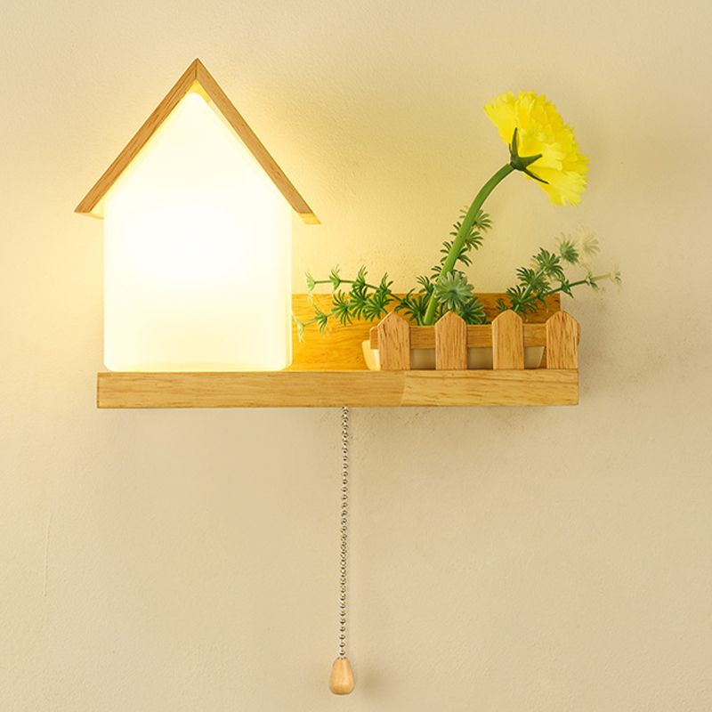 Modern Style House Shape Wall Light Wood 1 Light Sconces for Bedroom without Plant
