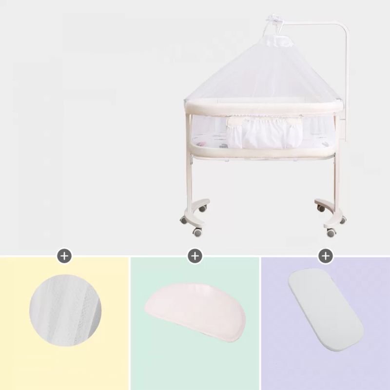 Contemporary Plastic Movable Nursery Bed with Mattress and Guardrail
