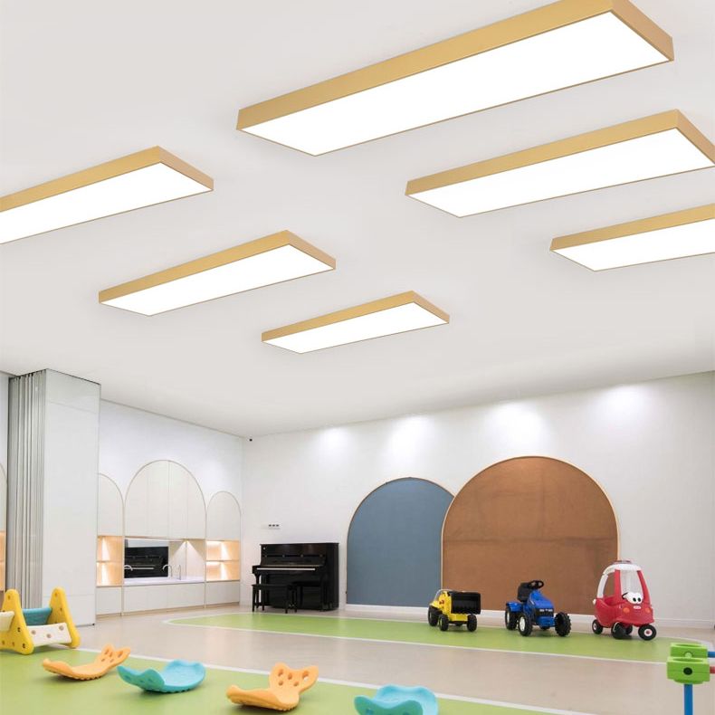 Rectangular Wood Flush Mount 1-Light Modern Ceiling Light Fixture for Office