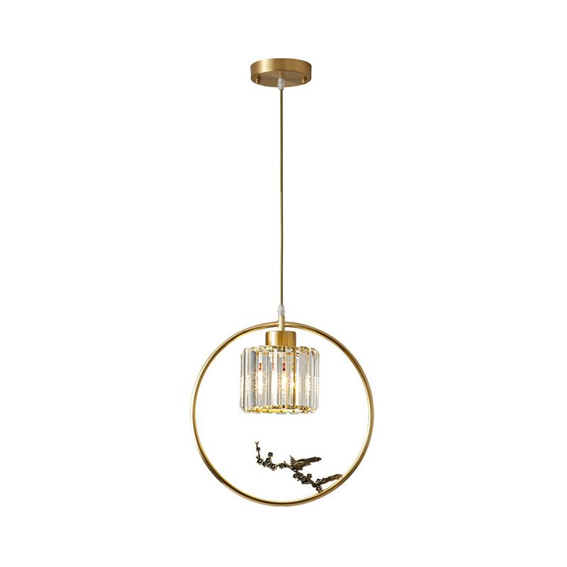 1-Light Crystal Cylinder Down Lighting Modern Gold Circle Dining Room Suspension Pendant with Decorative Bird/Dragonfly