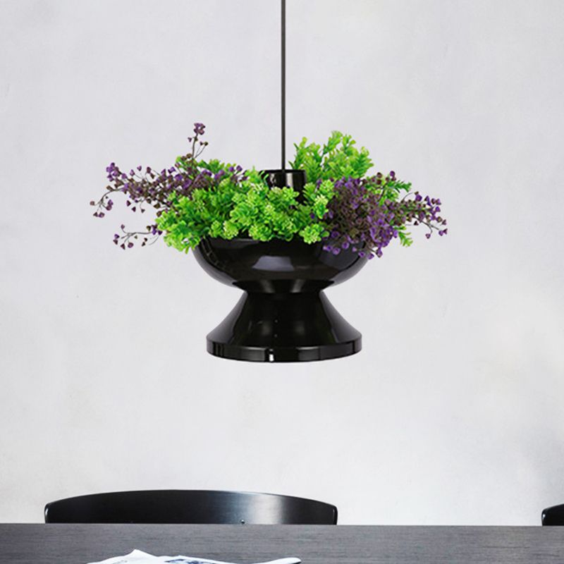 Metal Hot Pot Drop Pendant Farmhouse 1 Head Dining Room LED Hanging Ceiling Light in Black with Artificial Plant Deco