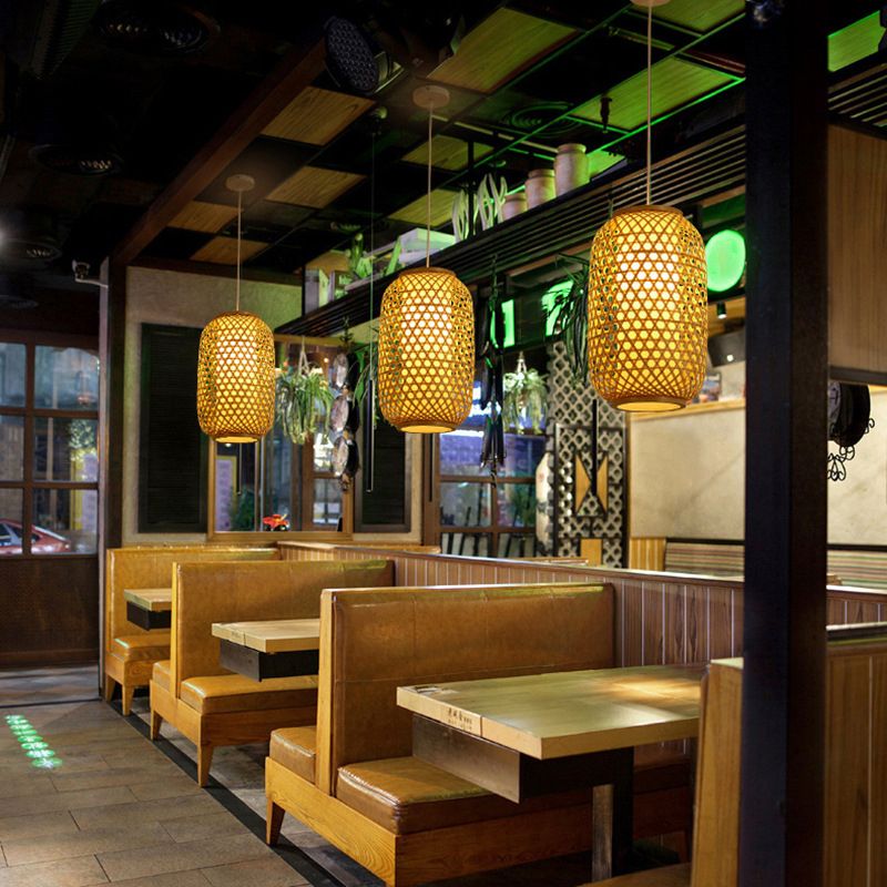 Wood Handwoven Suspension Lighting Minimalist 1 Head Rattan Pendant Ceiling Light