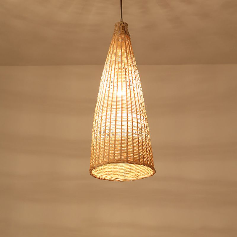 Beige Diamond/Bell/Onion Drop Pendant Asian Style 1 Bulb Bamboo Hanging Light Fixture for Tearoom