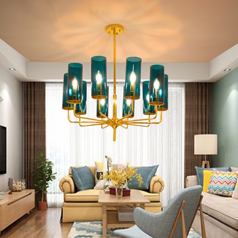 Glass Cylinder Hanging Light Fixture Contemporary Style Ceiling Chandelier in Blue
