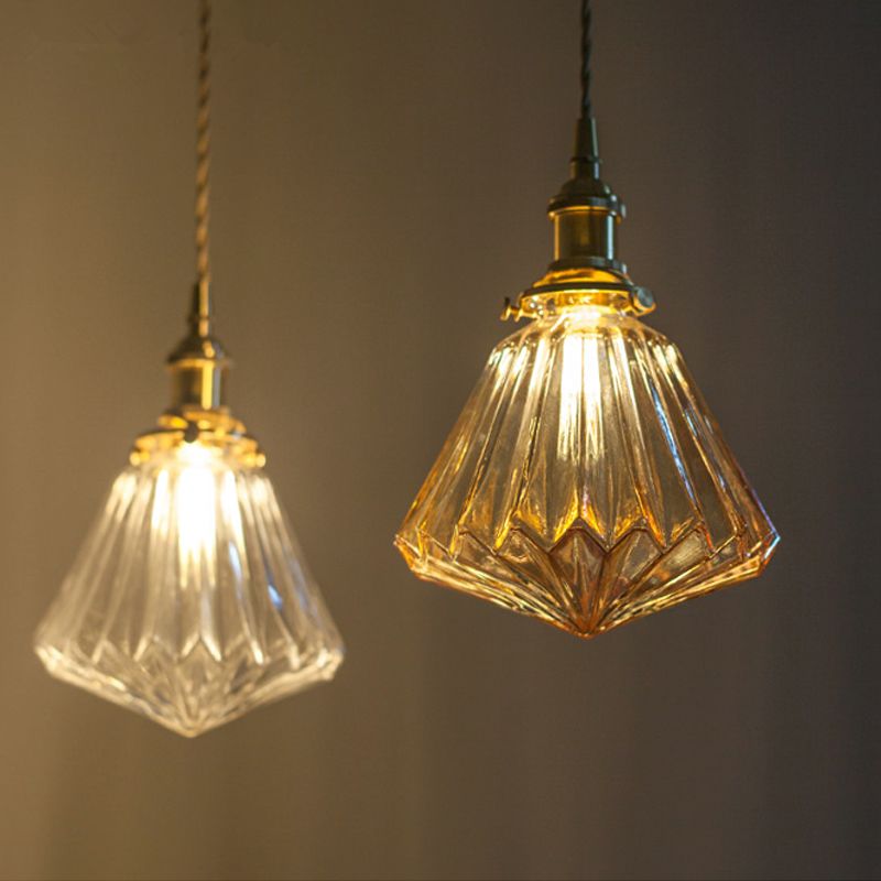 1-Light Ridged Cone Drop Pendant Rustic Brass Brown/Clear Glass Ceiling Hang Lamp with Pointed Bottom