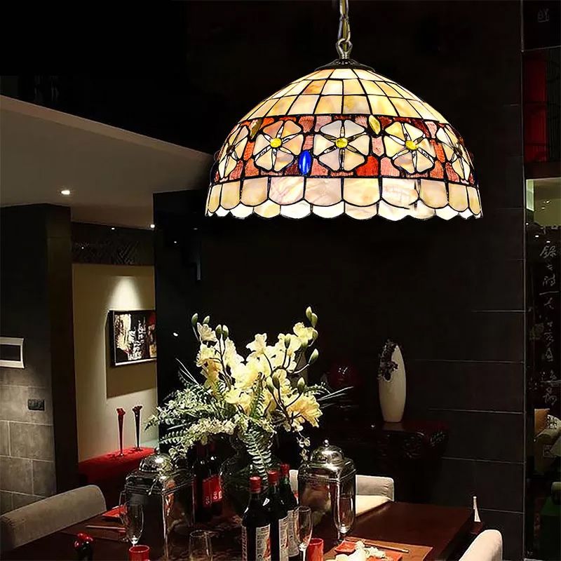 8"/12"/16" Wide Dome Suspension Lighting Victorian Shell Beige 1 Head Hanging Light Fixture