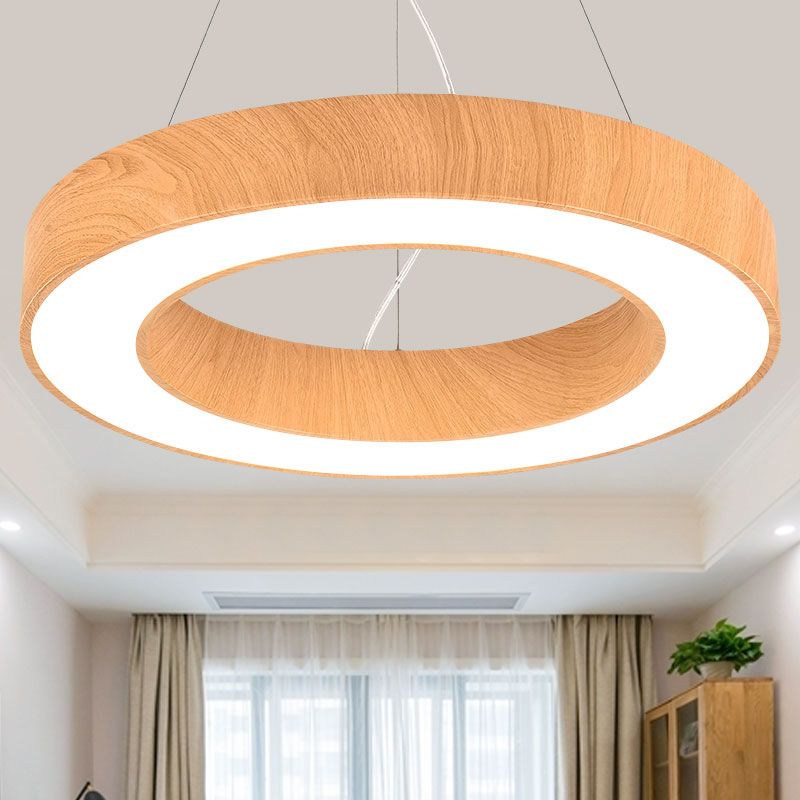 Leichter Holzkreis Anhängerlampe Minimalistische Metall -LED -Kronleuchter für Besprechungsraum