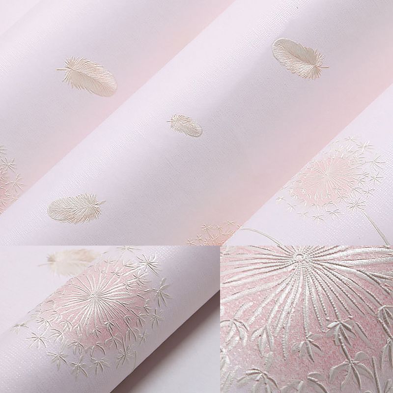Pink Dandelion and Feather Wallpaper for Girl, 33-foot x 20.5-inch Moisture-Resistant Non-Pasted