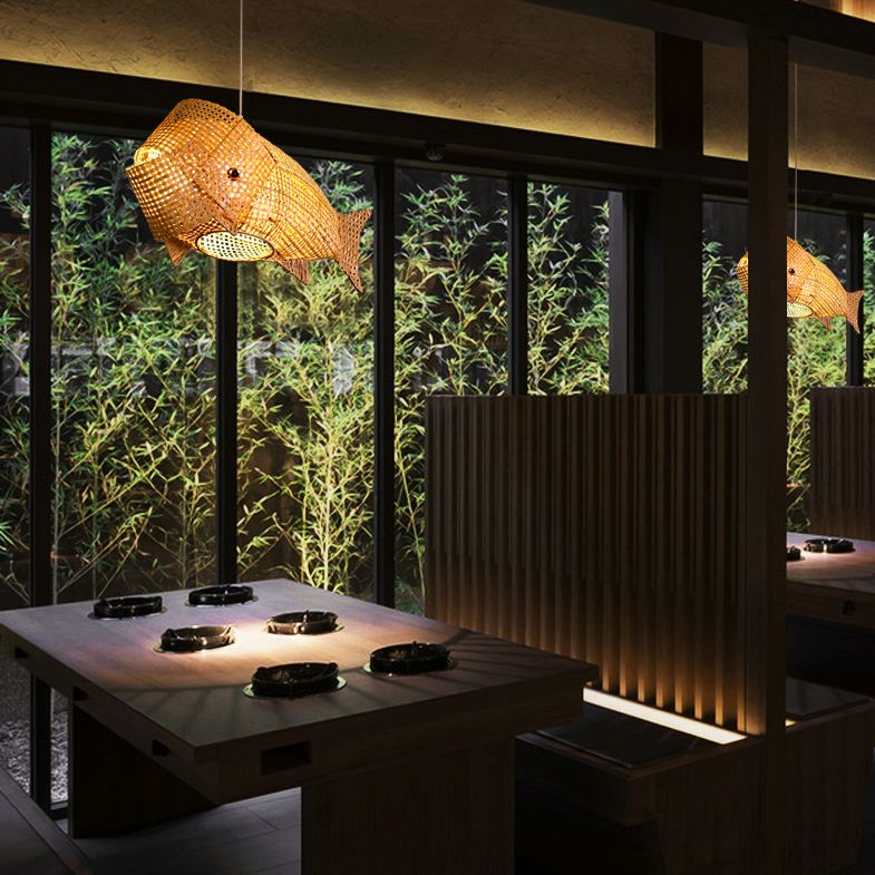27.5" Wide Japanese Style Carp Hanging Light Bamboo Weaving Creative 1-Light Pendant for Restaurant