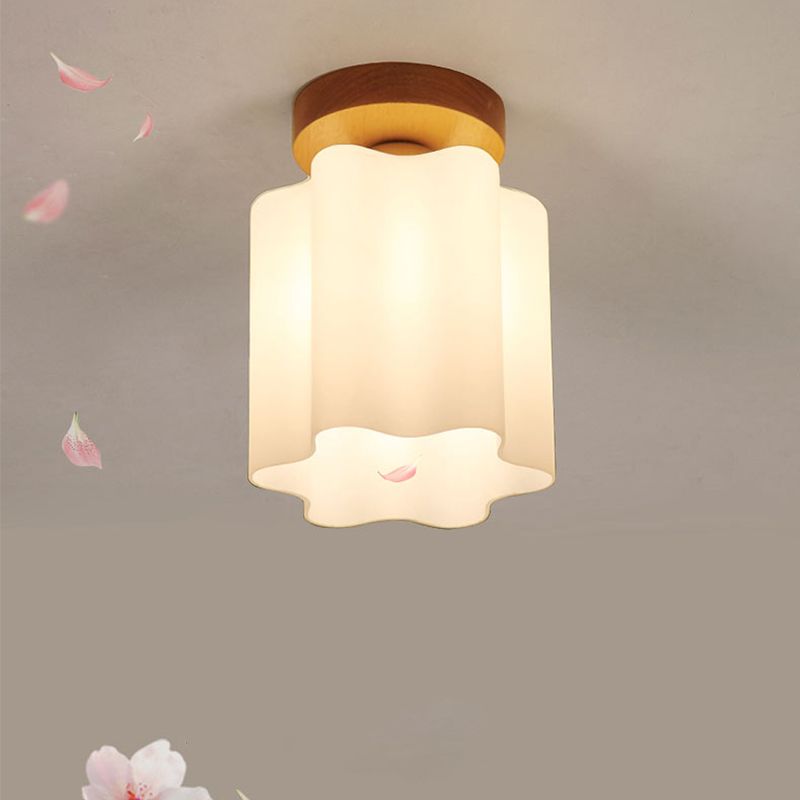 Melkachtige Glas Prisma Floral Plafond Flush Licht Minimalisme 1 Bulb Houten Flushmount Licht voor Corridor