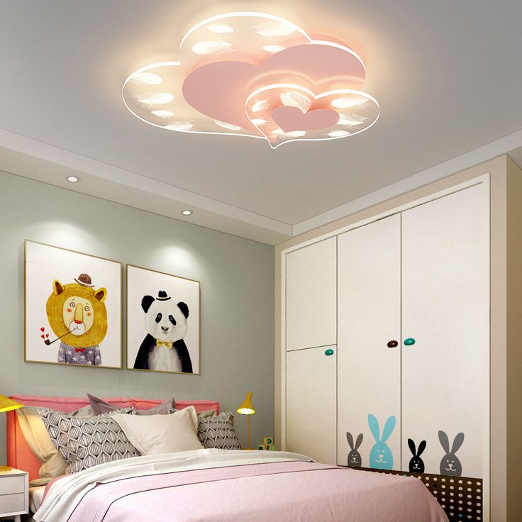 Acrylic Heart-Shaped LED Flush Mount in Modern Creative Style Iron Feather Ceiling Light for Bedroom