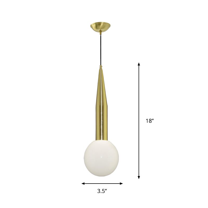Tapering Bedside Pendant Light Kit Metallic Single Postmodern Style Hanging Lamp in Gold with Ball Milk Glass Shade