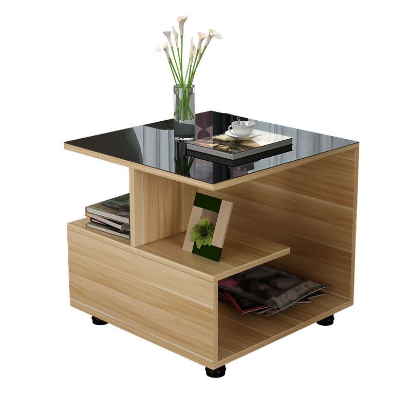Transitional Square Glass Top End Table Portable Sofa Side Table with Shelves