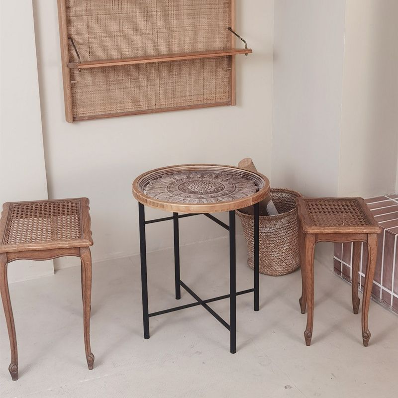 Dia 19.7" Cross Legs End Table Distressed Wood Side Table with Engraved Design