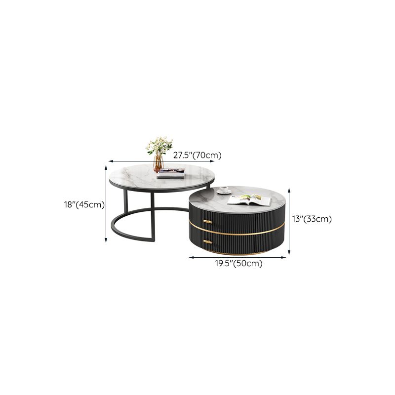 Round Slate Coffee Table Set Frame Cocktail Table with 2 Storage Drawers