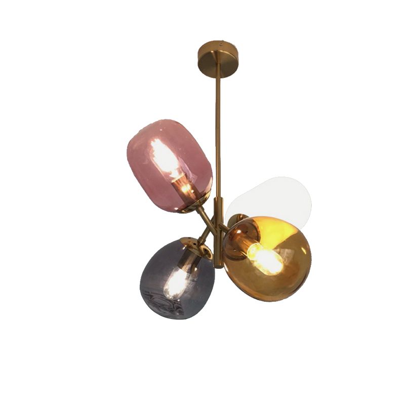 Brass Round Pendant Lighting Traditional Colorful Glass 4 Lights Living Room Chandelier with Sputnik Design
